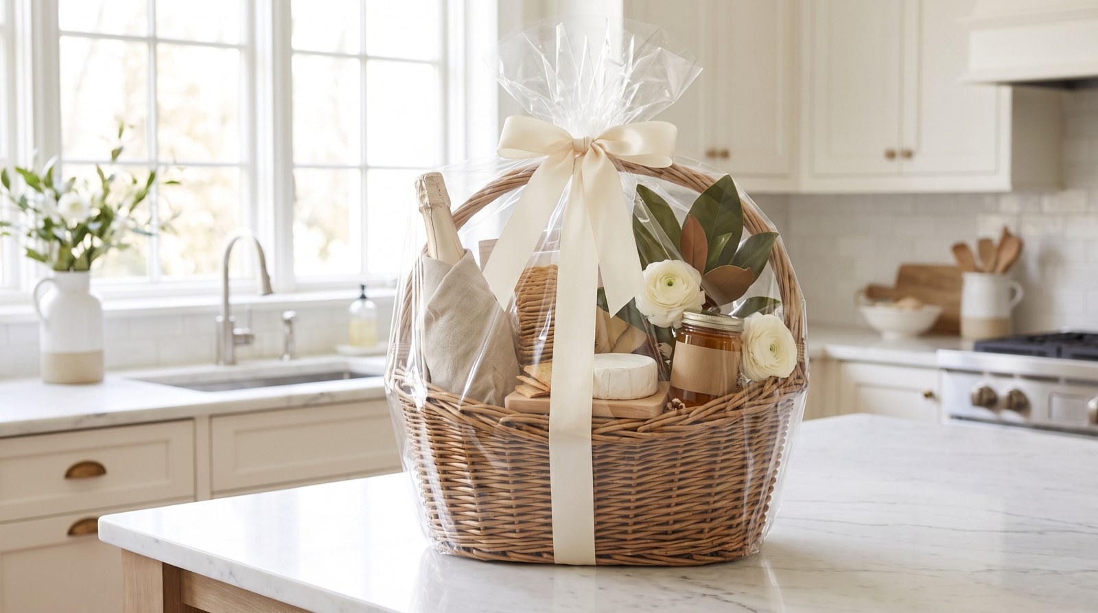 A large willow basket wrapped in cellophane with a cream satin ribbon, holding sparkling cider, artisan crackers, cheese on a wooden board, local honey and white ranunculus on a marble kitchen island
